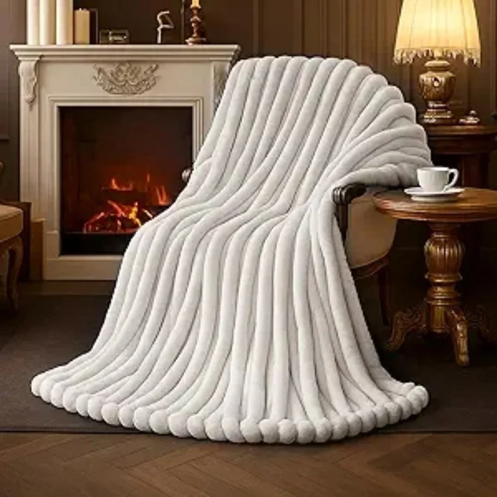 Faux Fur Throw Blanket Cozy Soft Plush Fuzzy Striped Blanket Couch Sofa Bedroom